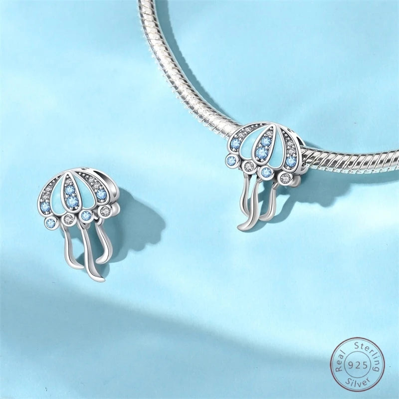 925 Sterling Silver Blue Zircon Ocean Shell Beaded Pendant | Fit Original 3mm Bracelet Women’s Fine Jewelry