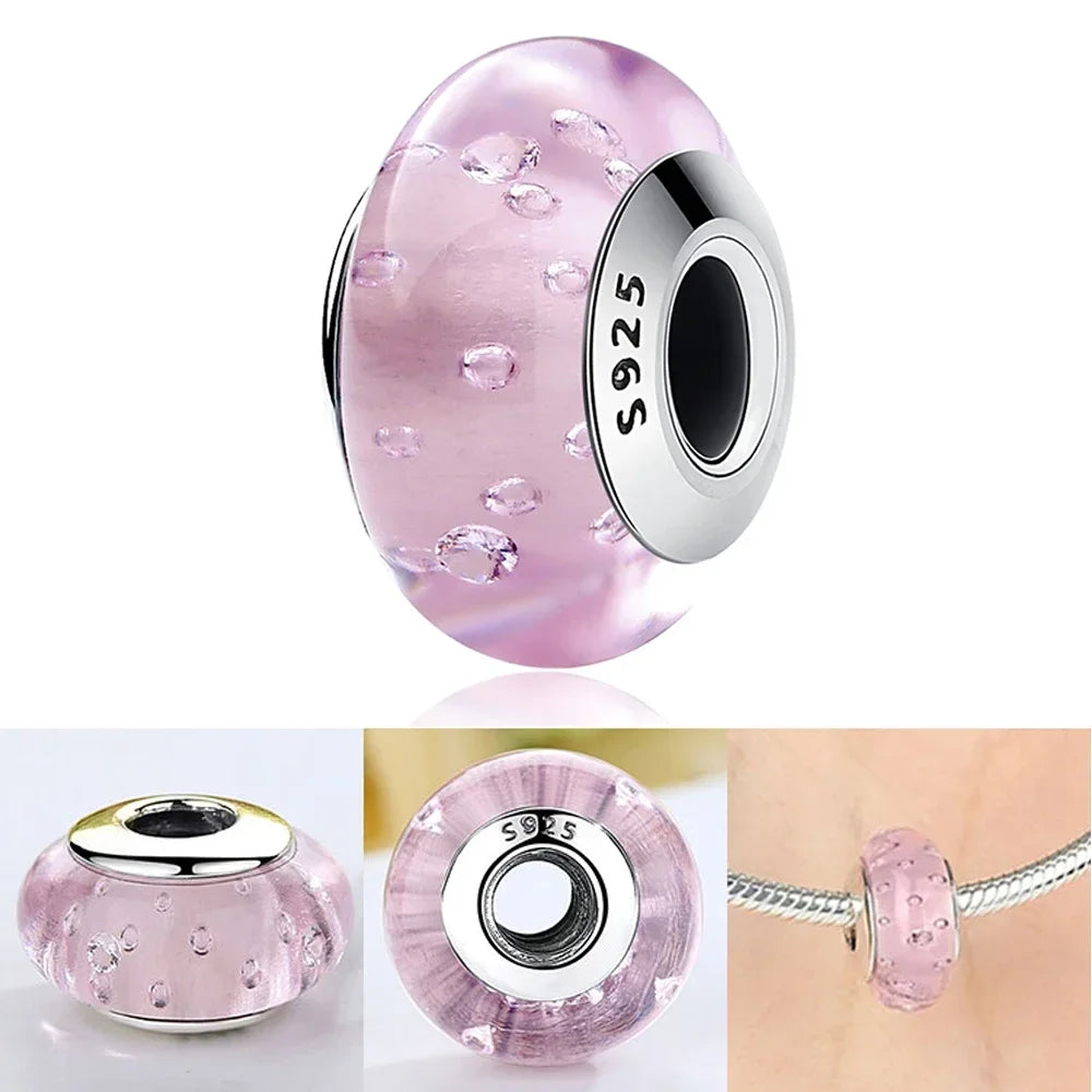 Romantic Pink Flowers 925 Sterling Silver Charms | Bag Lipstick Heart Bow Rose Bead Fit Original Bracelet DIY Jewelry Gift