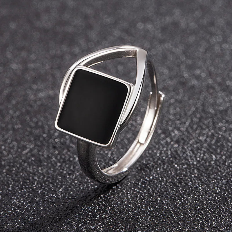Adjustable Black Onyx Square Opening Ring – Geometric Skeleton Design Fashion Jewelry for Women & Men
