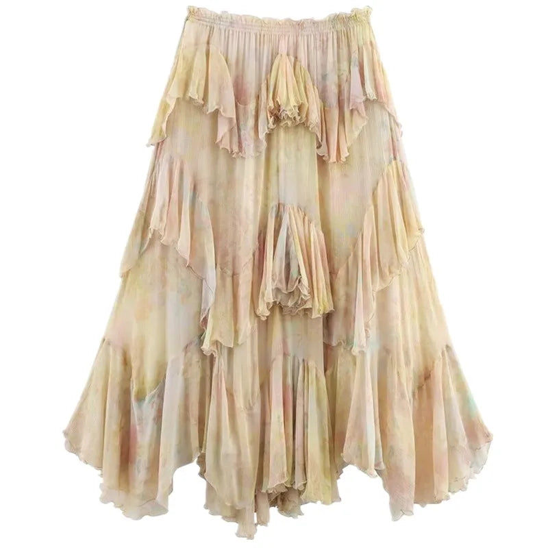 Summer 2025 Women’s Long Printed Layered Skirt – High Waist Floral Midi Skirt Fashion Design