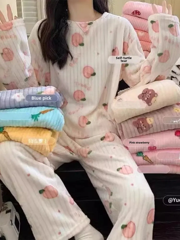 Adorable Sweet Coral Fleece Thiened Autumn Winter Loungewear Set – Women’s Casual Home Clothes | Long Pants Comfortable Leisurewear