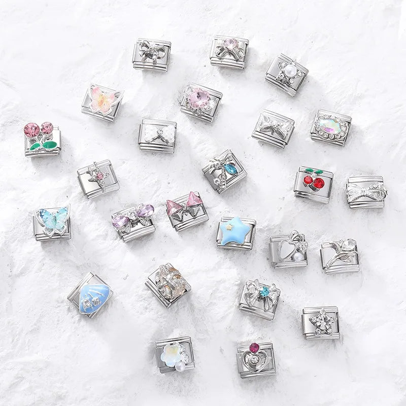 2025 Original Zircon Bow Knot Star Cherry Italian Charm | Stainless Steel 9mm Links DIY Modular Bracelet Jewelry Wholesale