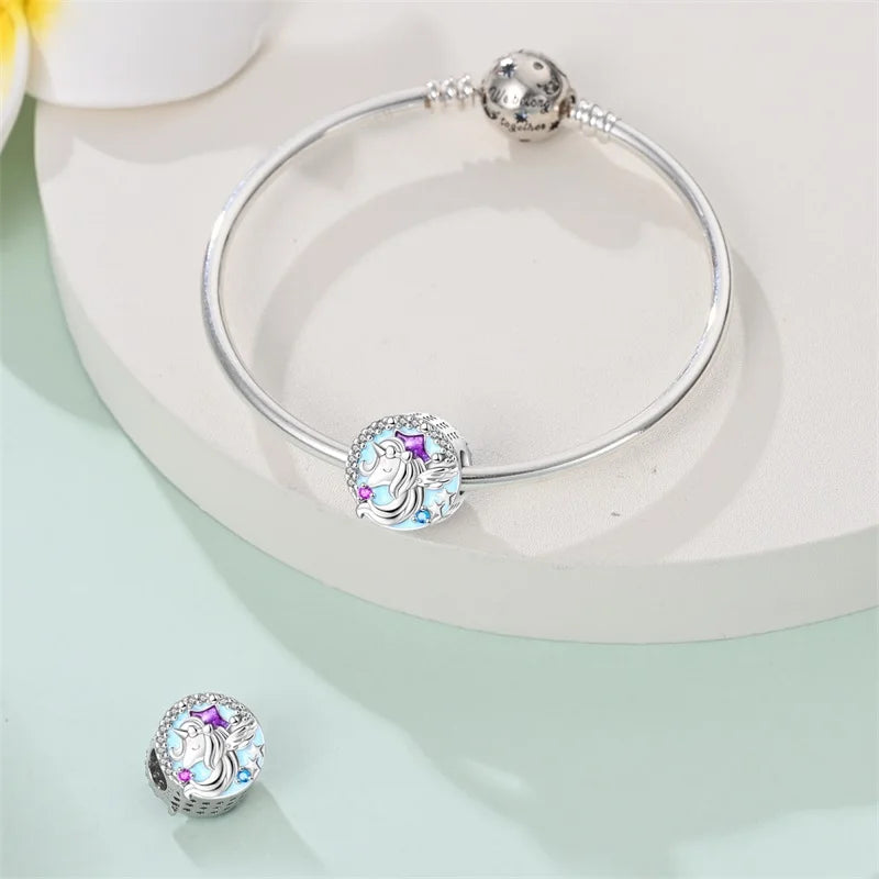 925 Silver Plated Magic Mirror Princess Angel Pink Charm Beads | Fits Original Pan 925 Bracelet | Exquisite DIY Jewelry