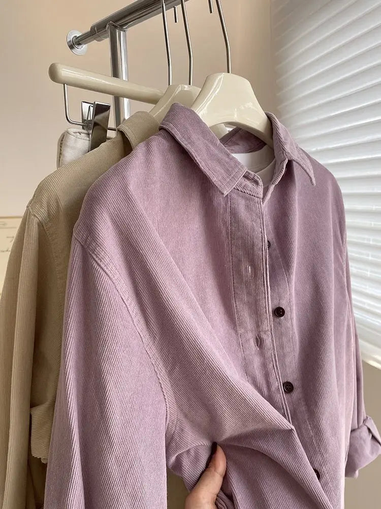 2025 Women’s Corduroy Purple Lotus Shirt | Loose Long Sleeve Casual Outerwear Top for Autumn
