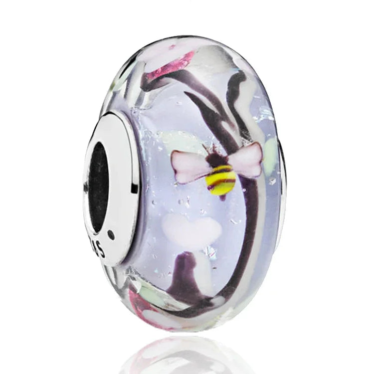 Original Murano Glass 925 Sterling Silver Butterfly Flower Leaf Rainbow Charm Bead | Cosmic DIY Bracelet Jewelry Gift for Women