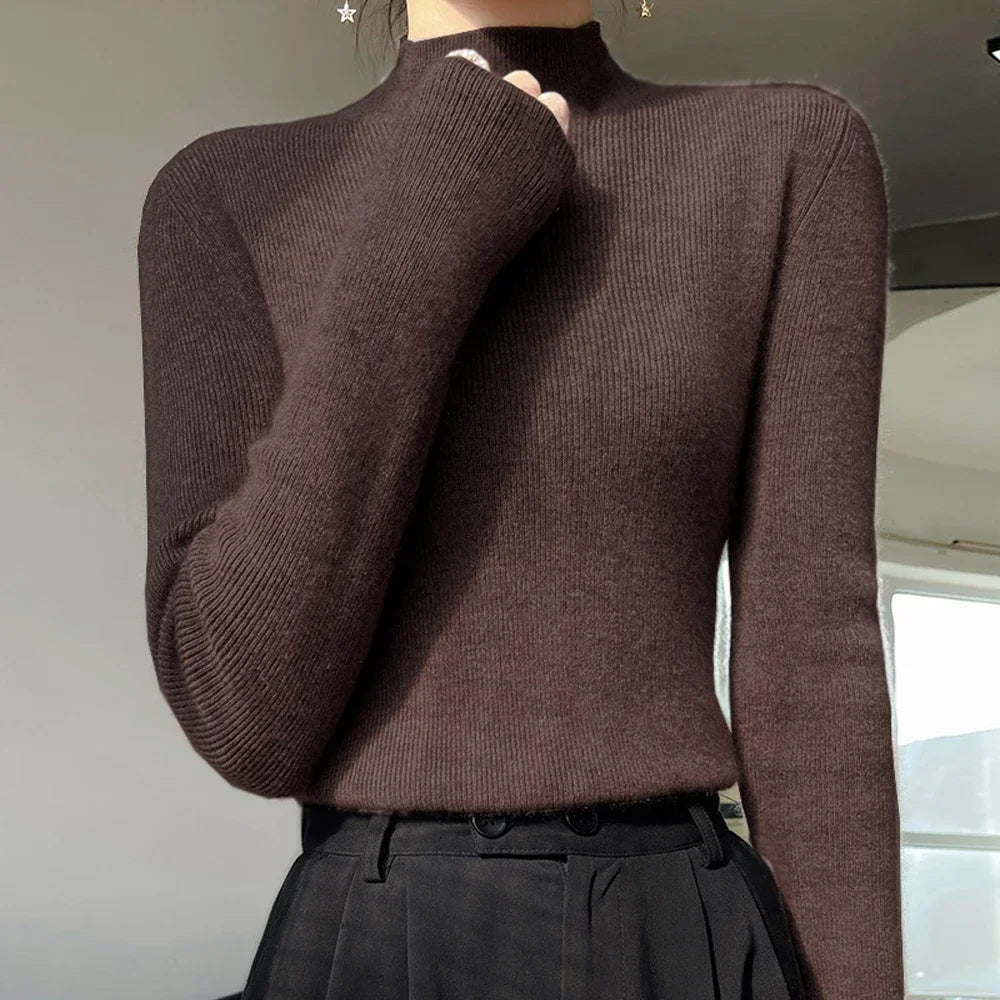 Women’s High Collar Knitted Sweater | Slim Fit Long Sleeve Top | Blue, Purple & Red Bottoming Shirt