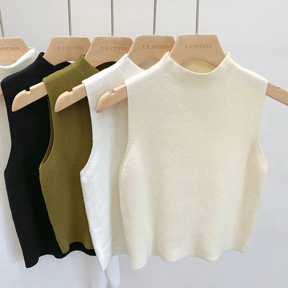 Women’s Knitted Vest Tank Top | Solid Color Cropped Camisole Sweater | Half-Turtleneck Sleeveless Spring Autumn Top