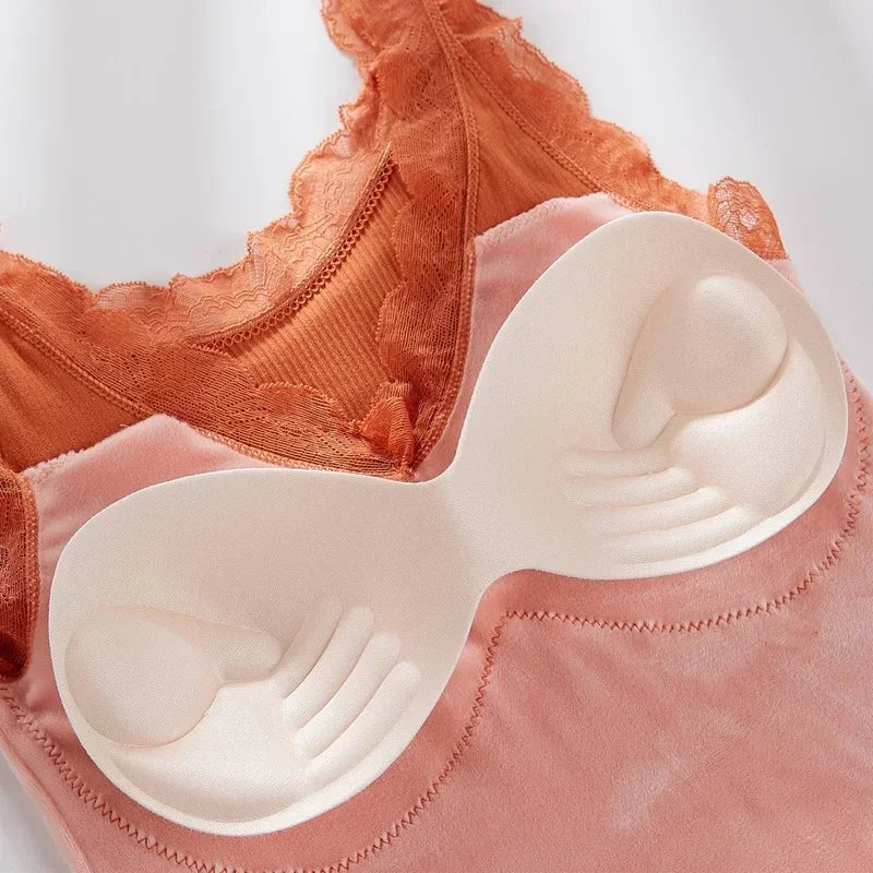 Plus Size Thermal Underwear for Women – Velvet Lace V-Neck Warm Slim Camisole 40-90kg ❄️💖