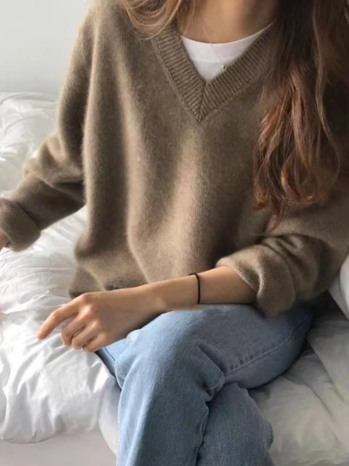 Women’s V-Neck Knitwear – Retro Japanese Style Loose Fit Long Sleeve Crew Neck Top | Spring & Autumn 2025