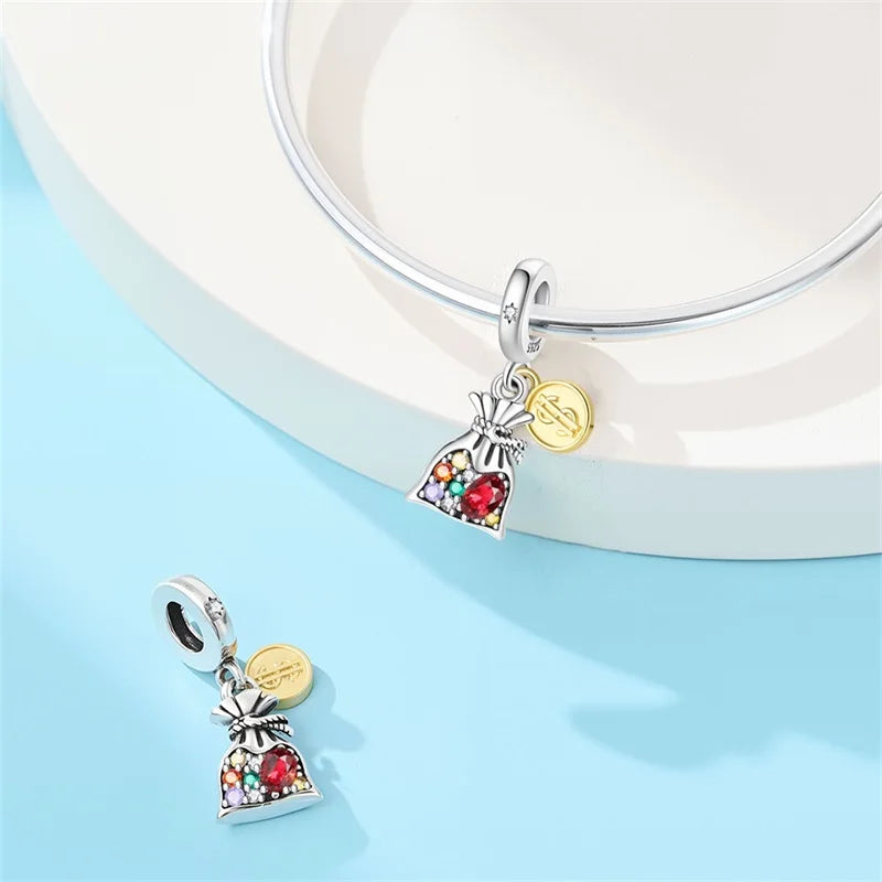 925 Sterling Silver Dollar Money Bag Charms | Wealth Freedom Rich Pendant Beads Fit Original Bracelet DIY Jewelry