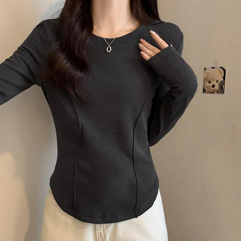 Women's Long Sleeve Velvet Base Shirt 👚 Slim Fit Round Neck T-Shirt ✨ Pure Color Winter Fashionable Top ❄️