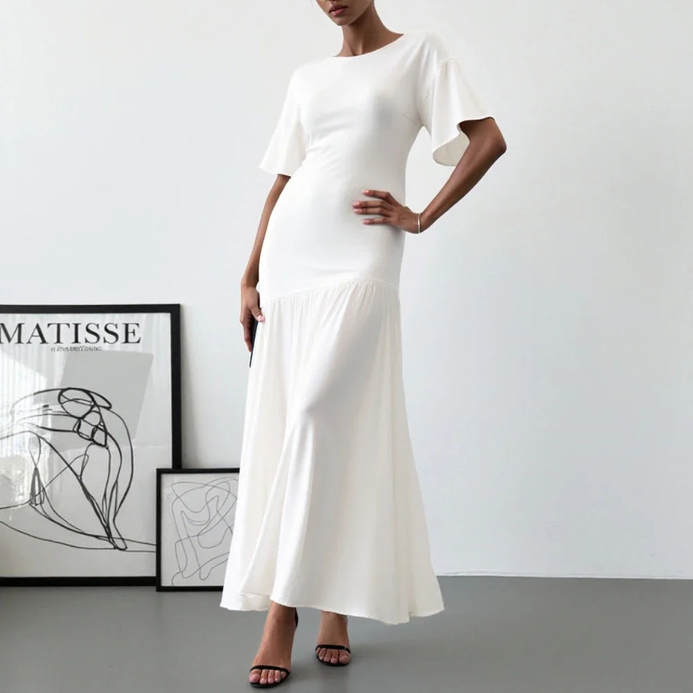 2025 Women's Evening Dress 👗 Must-Have White Maxi Gown 🌟 Short Sleeve Round Neck Lettuce Trim Elegant Party Dress ✨