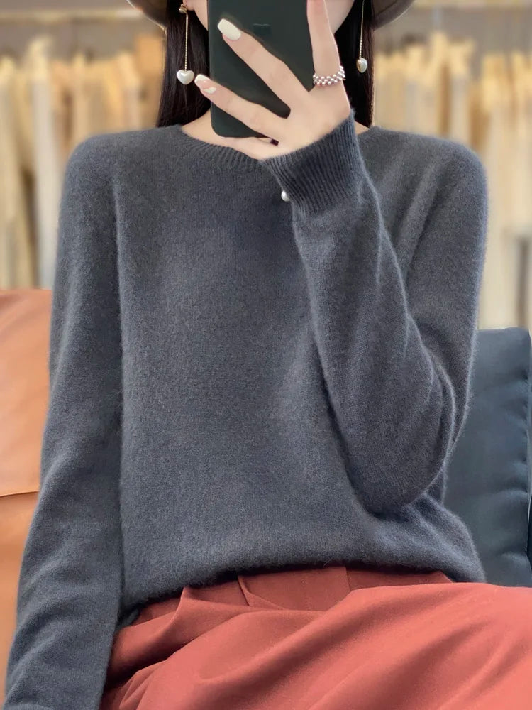 Women’s 100% Merino Wool O-Neck Cashmere Sweater – Autumn & Winter Casual Knitted Pullover 🍂🧶