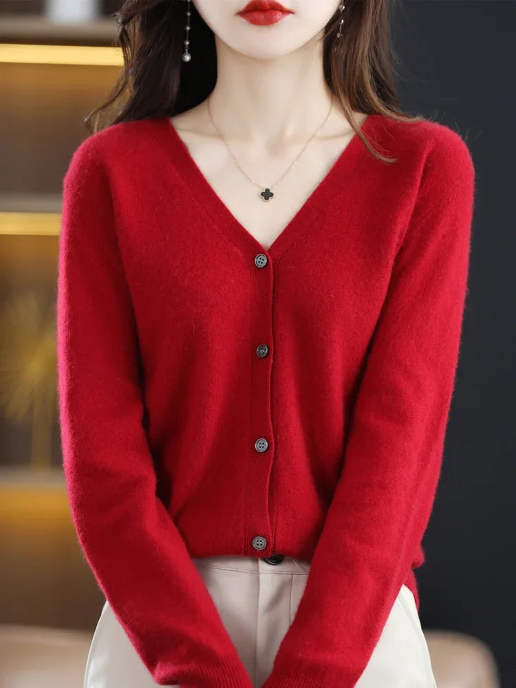 Women Cardigans V-Neck Long Sleeve Knitted Outerwear – Korean Fashion Solid Thin Spring Autumn Sweater