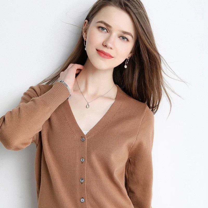 Women Cardigans V-Neck Long Sleeve Knitted Outerwear – Korean Fashion Solid Thin Spring Autumn Sweater