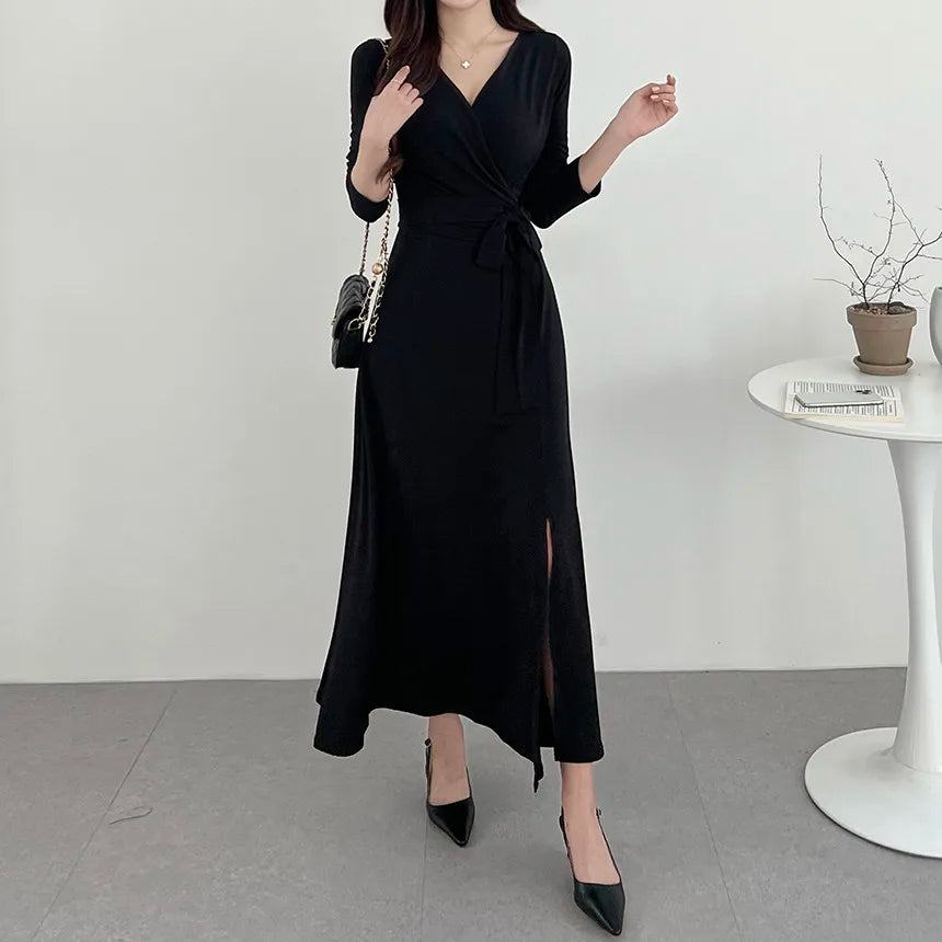 ✨ Slimming V-Neck Cross Wrap Long Dress 👗 Women's Base Layer Dress 🌸 Belted Waist Split Long Sleeve Colorful Commute Wear