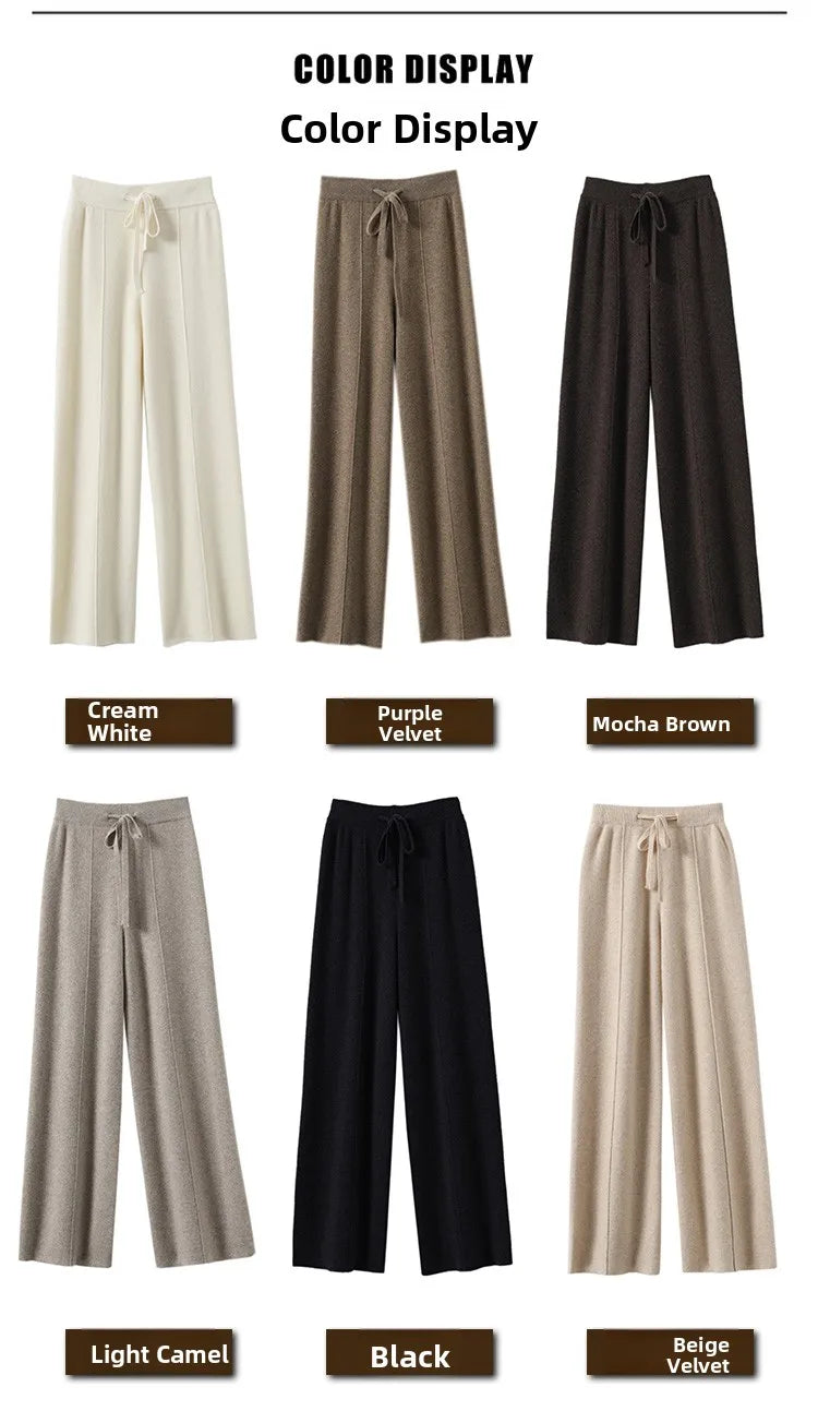 High Waist Knitted Wool Wide Leg Pants – Extended Length Drawstring Casual Loose Slimming Trousers for Autumn & Winter