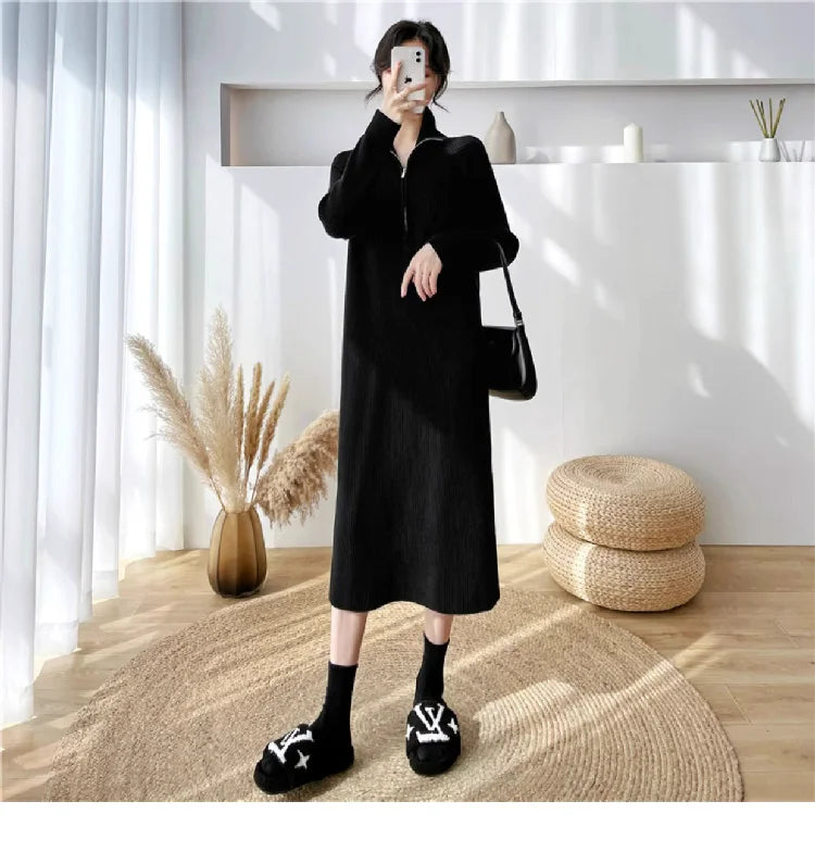 Autumn Winter High Collar Knitted Dress for Women – Loose Fit Long Sleeve Straight Tube Casual Warm Outfit