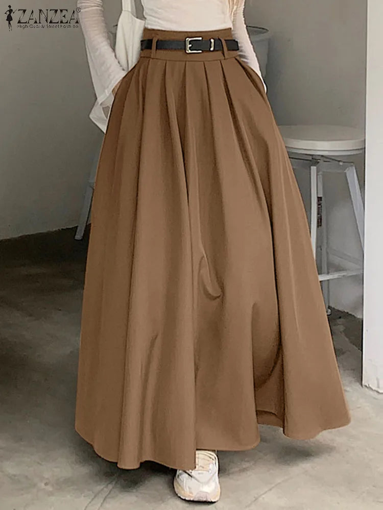 ZANZEA Women High Waist Pleated Swing Skirt – Vintage Korean Style Long Solid Skirt for Spring 2024