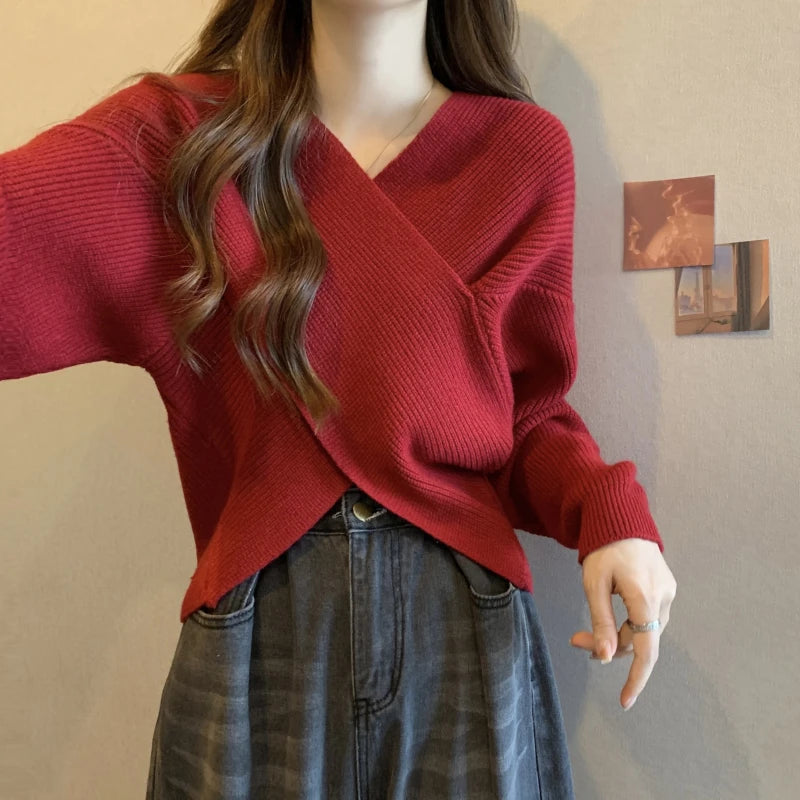 2025 New Korean Style Casual Slim Fit Knitted Top – Cross Neck Lazy Sleeve Design Sensation