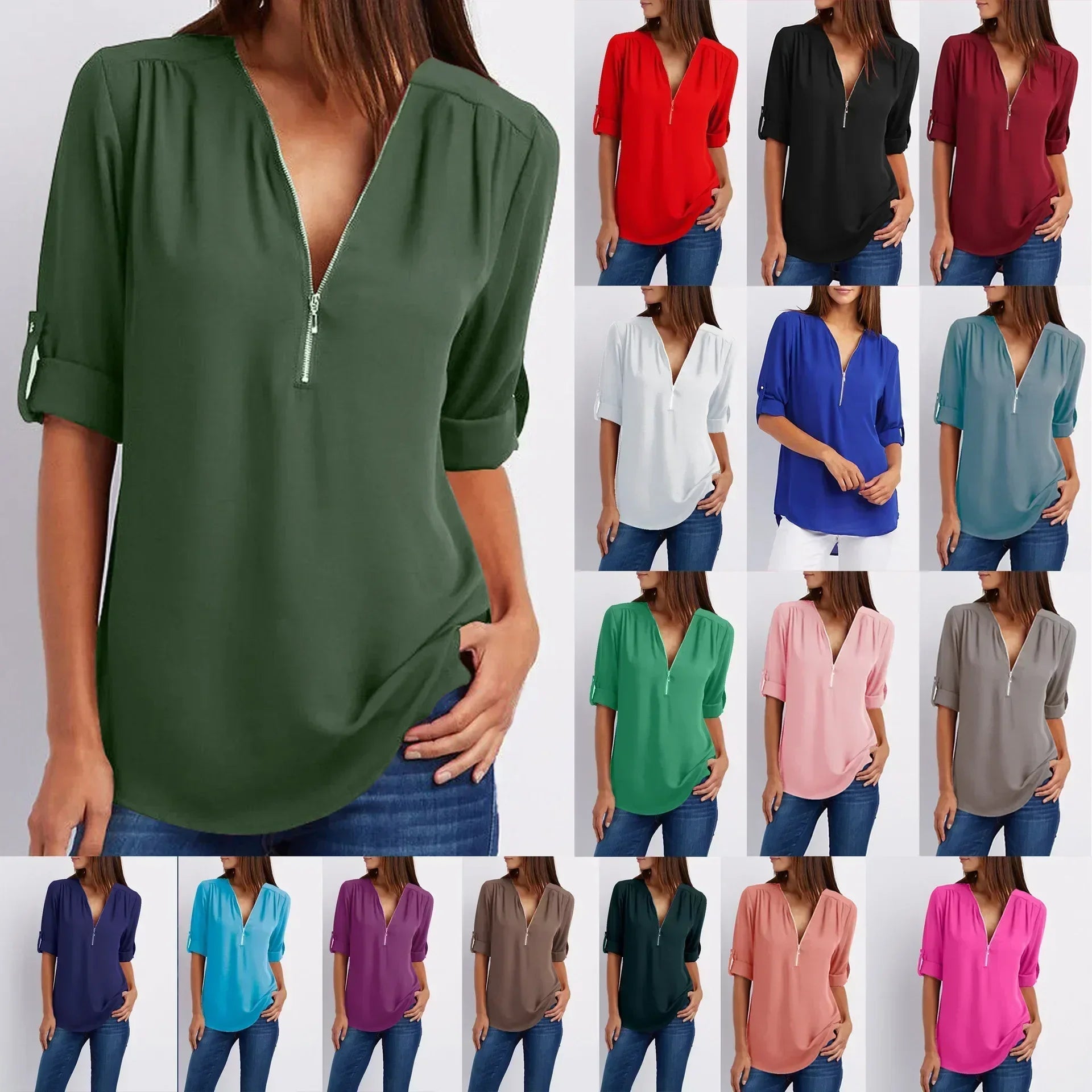 Summer Women’s Chiffon Blouse | Deep V-Neck Zipper Tops | Casual Loose Long Sleeve Plus Size Shirt