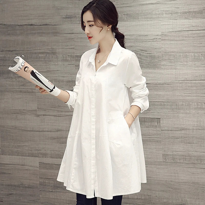 Oversized Shirts & Blouses Women – Korean Fashion 2023 Spring Summer Loose Long Sleeve White Midi Blouse 👕✨