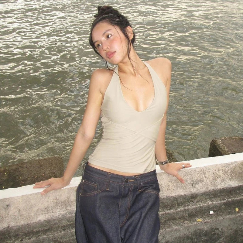 Candyhot Korean Backless Tank Top | Women’s Sexy Sleeveless Halter Camis | Slim Fit Summer Streetwear Vest