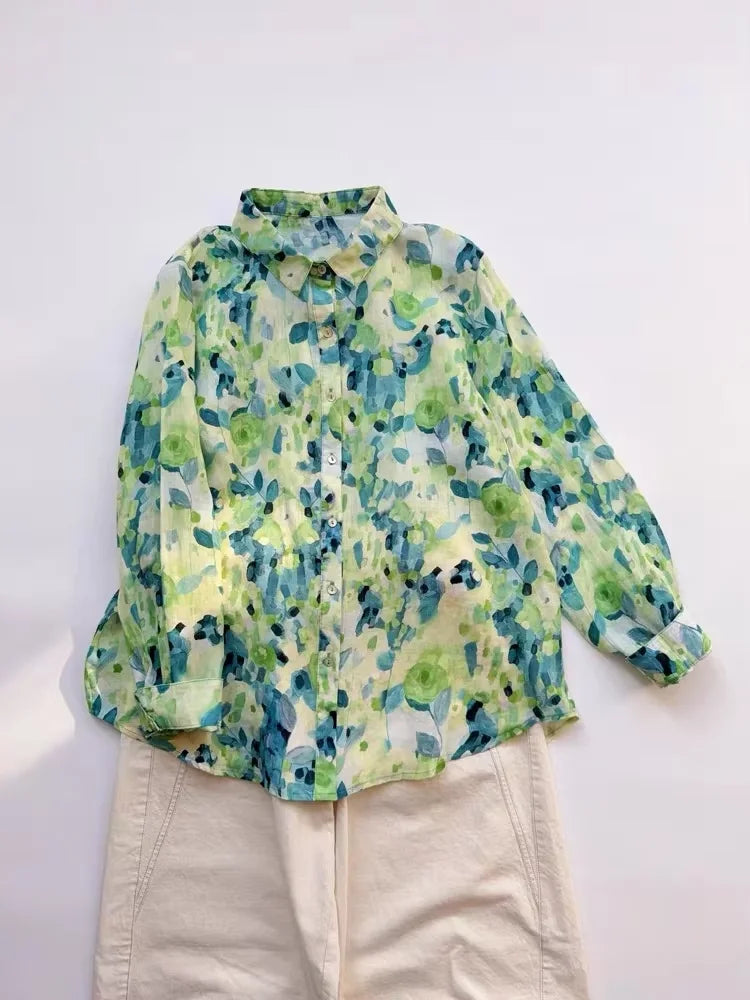 THHONE Spring Elegant Women’s Blouse 2025 | Single-Breasted Loose Print Vintage Shirt | Casual Women’s Top