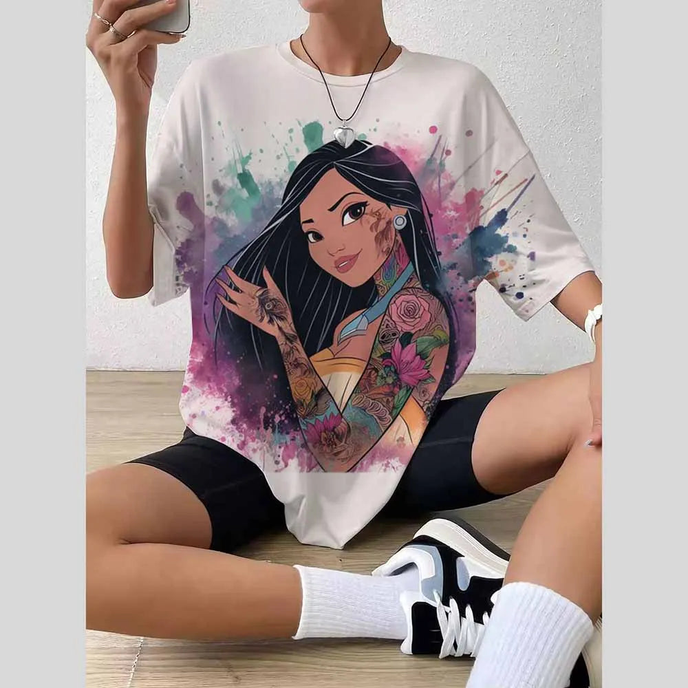 Women’s 2025 Trend Top – 3D Disney Princess Print T-Shirt / Blouse Fashionable Summer 👗✨