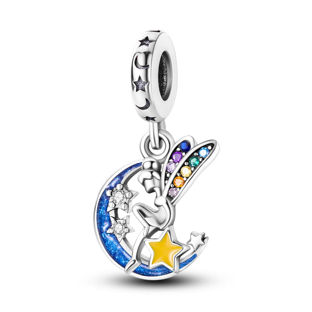 Silver Plated Colorful Glowing Moon & Stars Rainbow Dangle Charms | Fit Original Bracelet & Necklace | Women’s Jewelry Beads