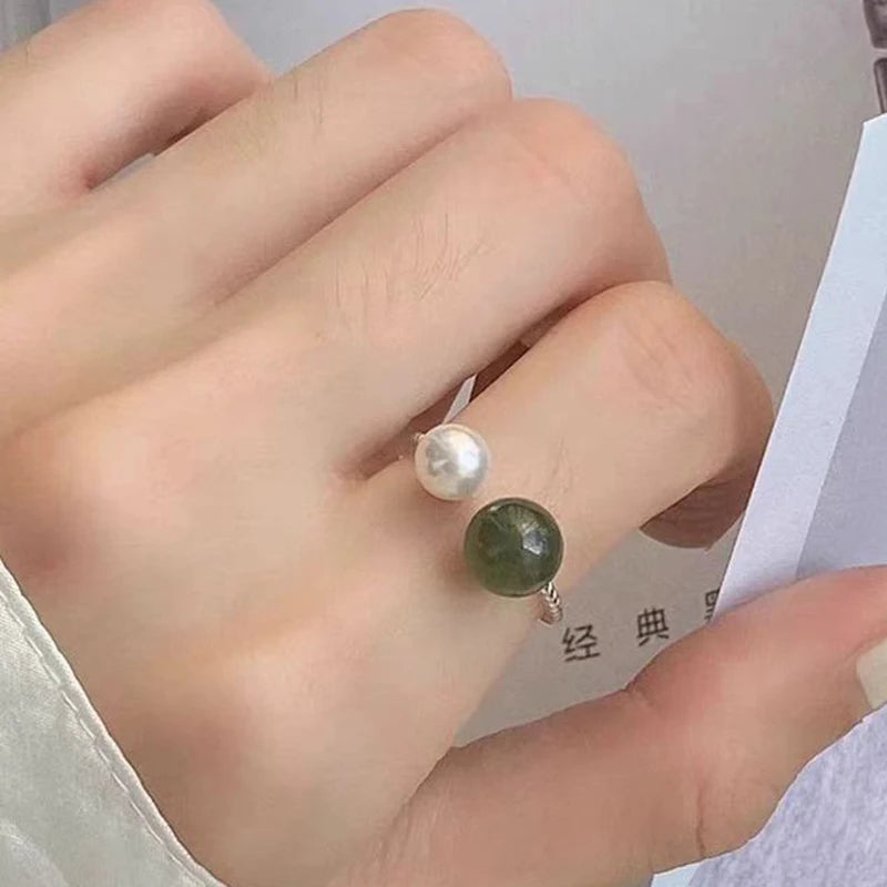 PANJBJ 925 Sterling Silver Hotan Jade Geometric Adjustable Ring | Retro Delicate Jewelry Gift for Women
