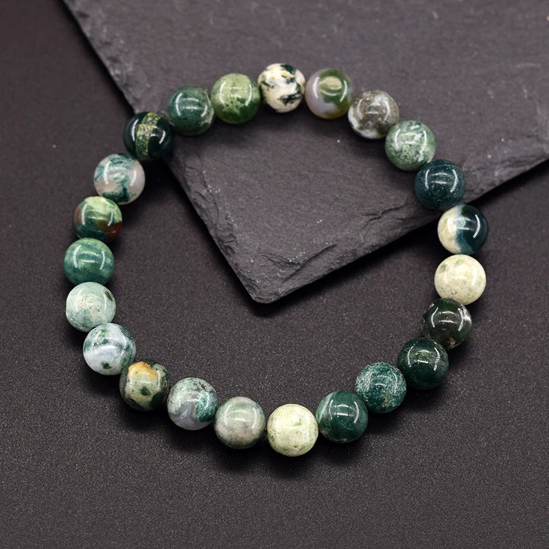 Genuine Tree Patterned Moss Agate Beads Bracelet – Natural Energy Healing Jewelry for Men & Women