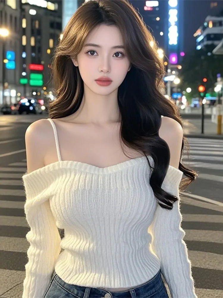 Sexy One-Shoulder Knitted Sweater for Women | Slim Fit Korean Style Long Sleeve Top | Spring 2025 Fashion Pullover