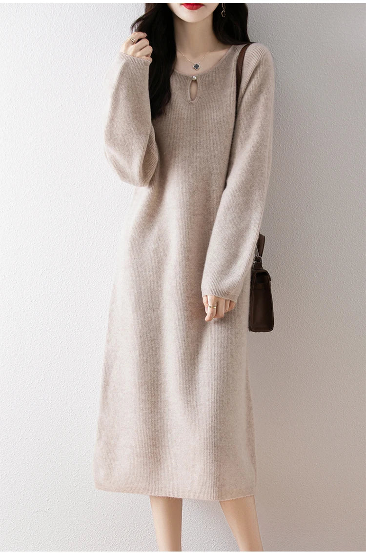 Loose Knitted Sweater Dress for Women – Round Neck Long Sleeve Casual Autumn New Arrival Elegant Fashion Dress