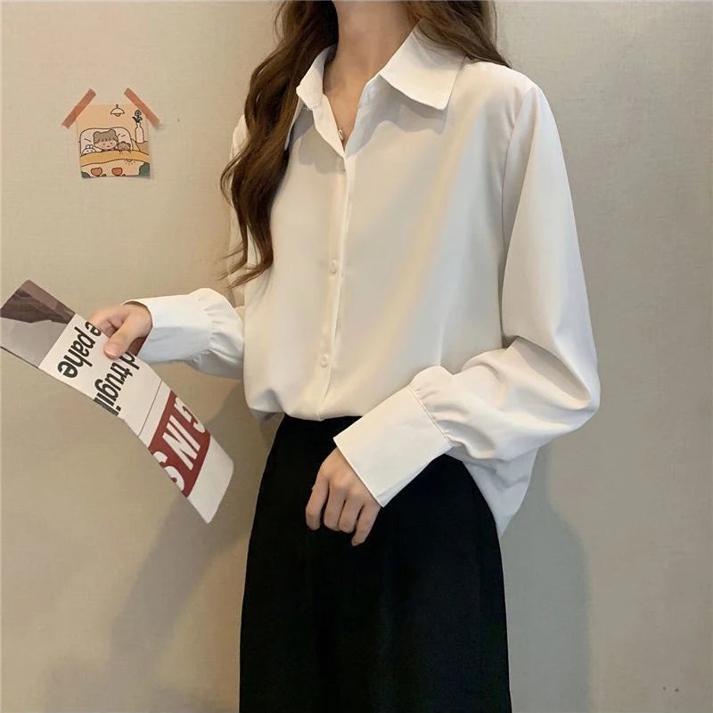 Women’s Chiffon White Shirt – Korean Fashion Loose Long Sleeve Elegant Office Blouse 🤍✨