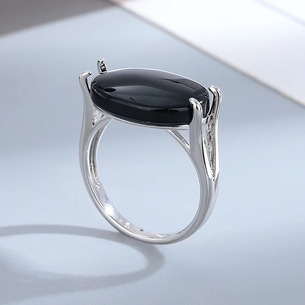 925 Sterling Silver Oval Black Agate Ring – Vintage Natural Gemstone Jewelry for Men & Women Party Gifts
