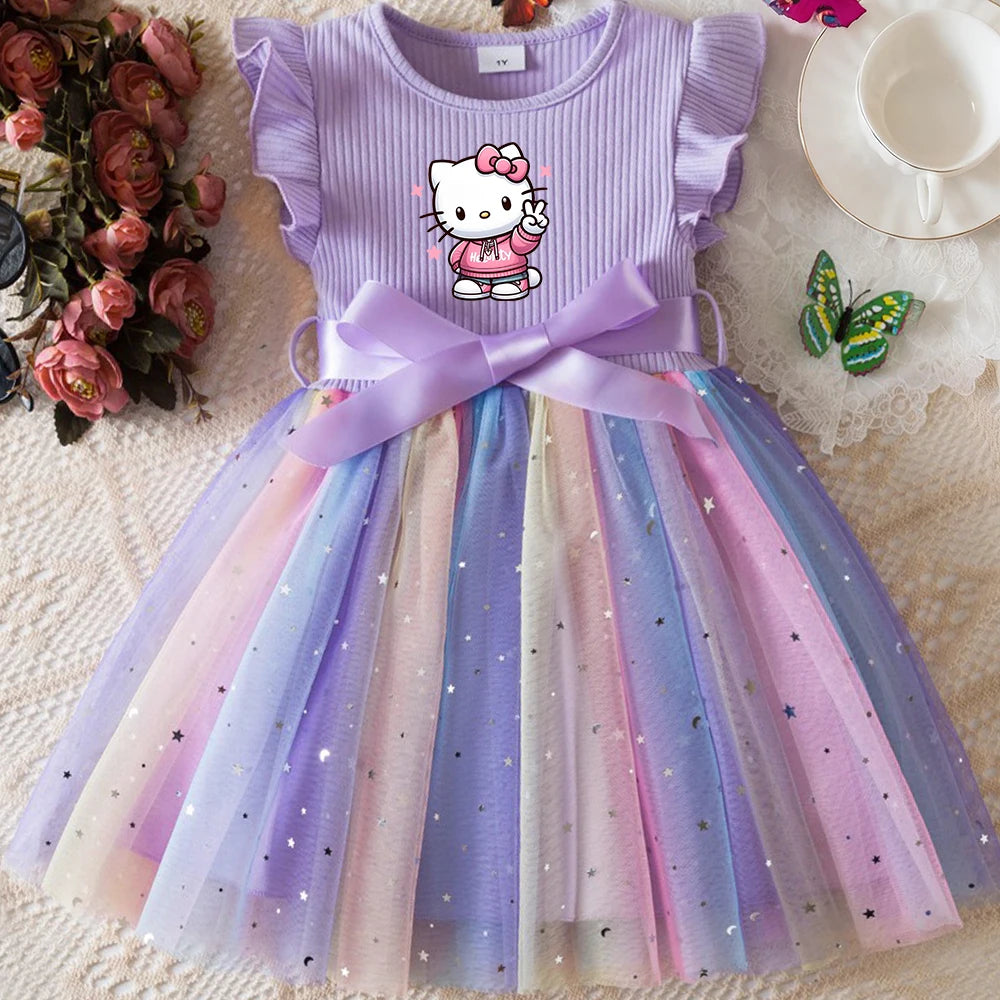 Hello Kitty Flying Sleeves Bow Sequin Princess Dress for Girls | Birthday Party Tutu Dress | Fluffy Baby Girl Dress 1–5 Years