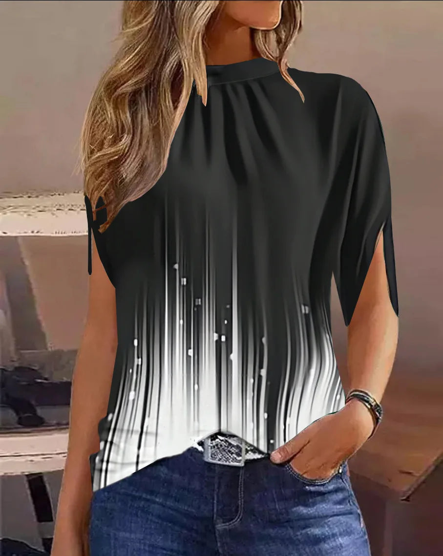 Fashion Shawl Design Short Sleeve Top – Vintage Green Gradient Print Loose Pullover Elegant O-Neck Blouse 🌿✨