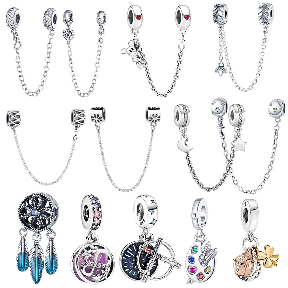 925 Sterling Silver Safety Chain Charms for Pandora Bracelets Women Jewelry