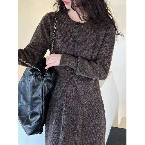 🍂 Soft Cozy Women’s Knitted Sweater & Cardigan Top 👚 Plus Dress Two-Piece Set ✨ Autumn Winter Long Sleeve Commute Wear