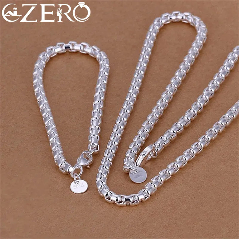 Wholesale 925 Sterling Silver 4mm Round Box Chain Necklace & Bracelet Set 45-60cm