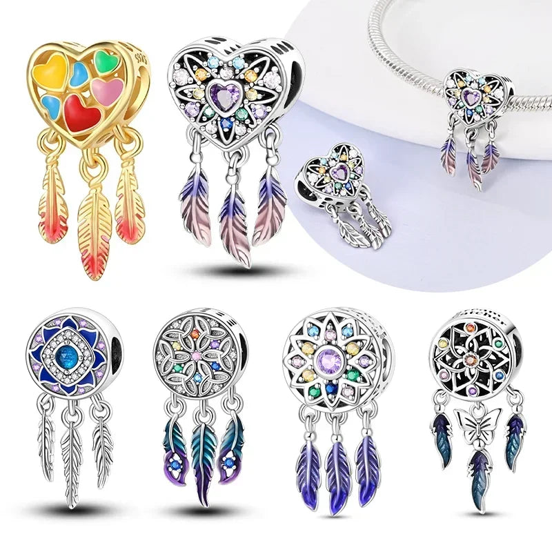 925 Sterling Silver Colorful Zircon Heart Dreamcatcher Charm – Feather Beads Fit Original Pandora Bracelet DIY Jewelry Gift for Women