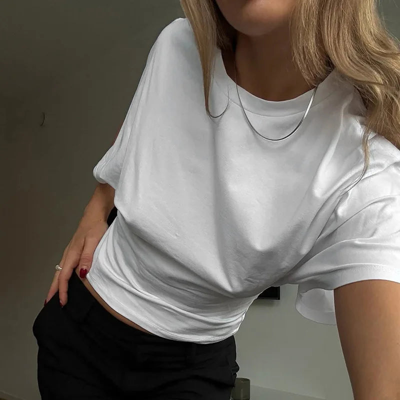 2025 Solid Gray Cropped T-Shirt for Women | Casual O-Neck Corset Top | Streetwear Short Sleeve Summer Tee