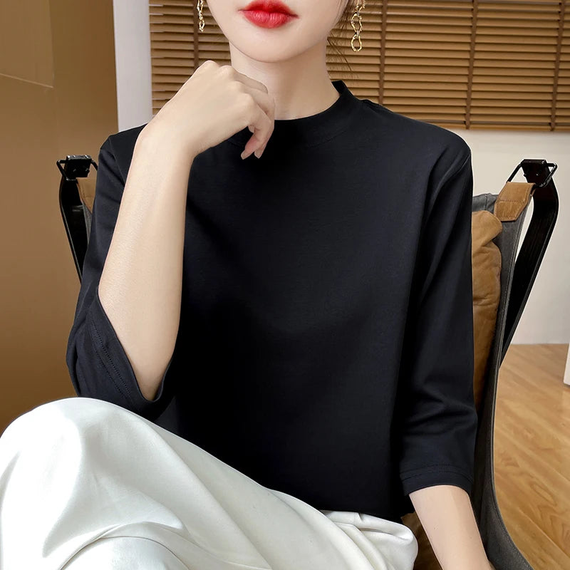 Women’s Cotton T-Shirt | Semi-High-Neck Cropped Sleeve Top | Loose Solid Color Summer & Autumn Bottoming Tee