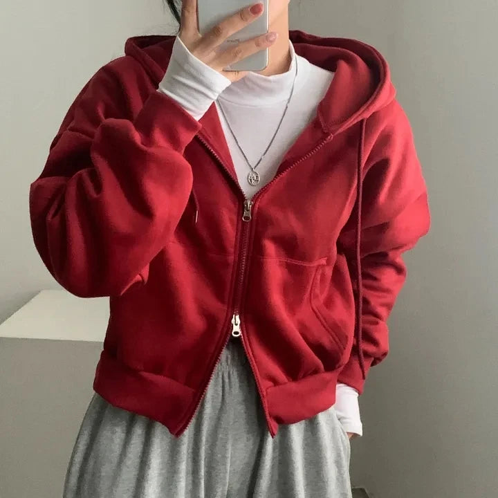 Chic Early Autumn Casual Long Sleeve Hoodie – Double Zipper Loose Versatile Cotton Pullover | Pure Color Commute Wear