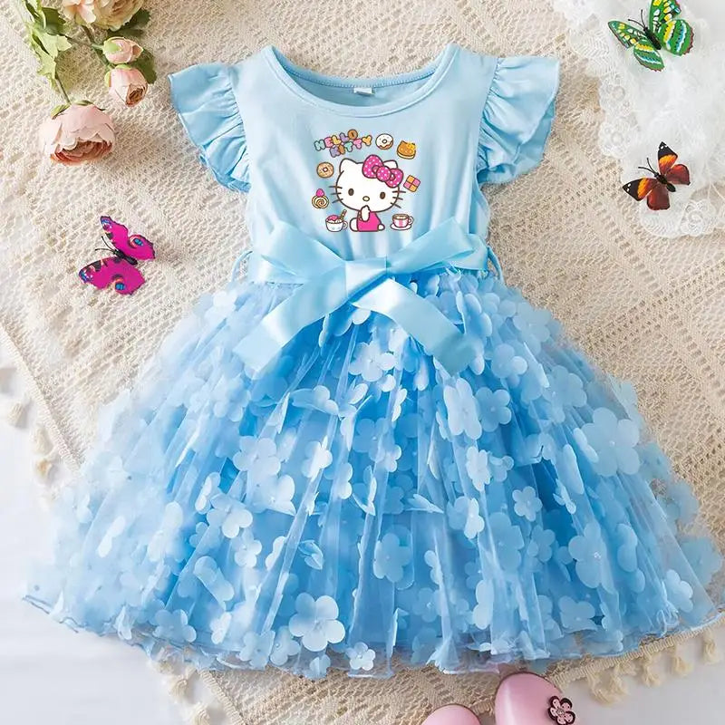 Hello Kitty Girls Tulle Flower Princess Dress | Wedding & Party Tutu Dress | Sleeveless Birthday Gift Outfit