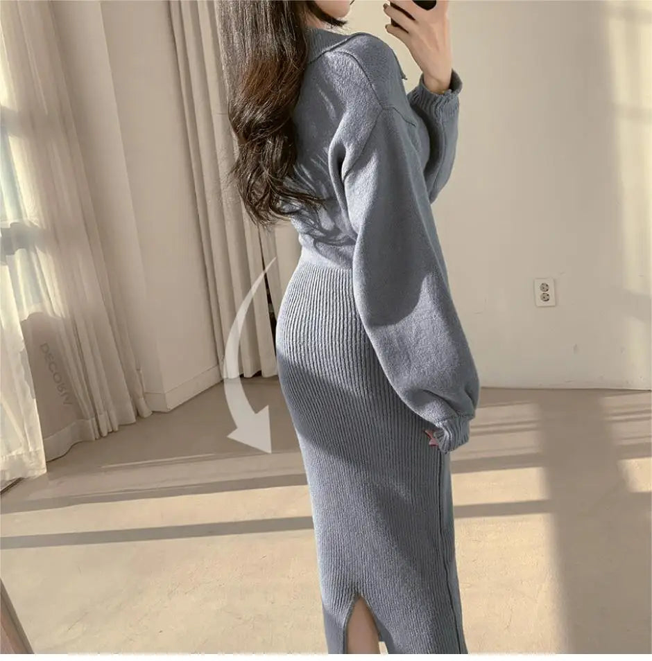 Elegant V-Neck Knitted Dress – Women's Autumn Winter High Waist A-Line Long Skirt, Soft Wrap Body Korean Style