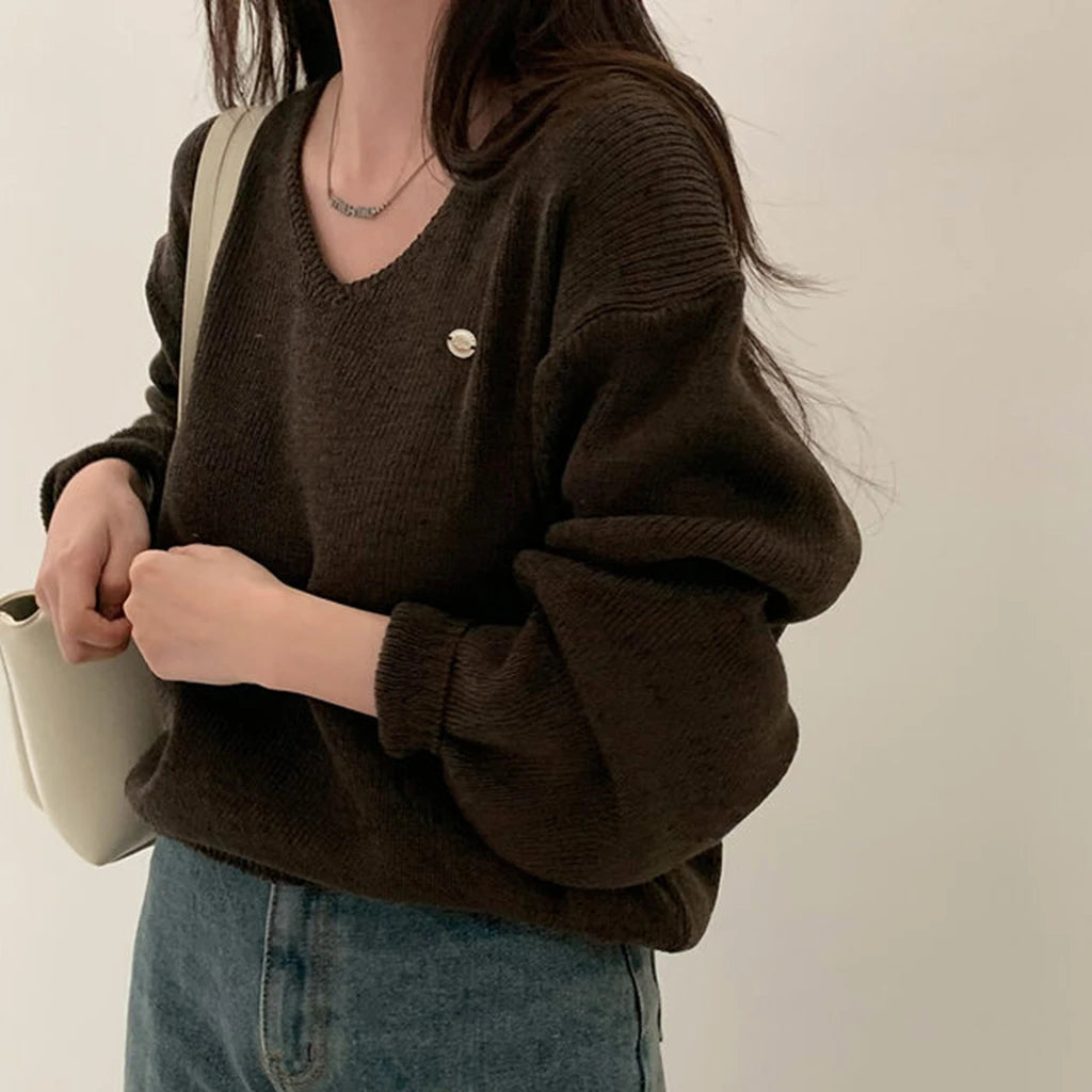 Loose Women’s Knitwear V-Neck Long Sleeve T-Shirt – Casual Comfortable Fashionable Autumn Top New Arrival