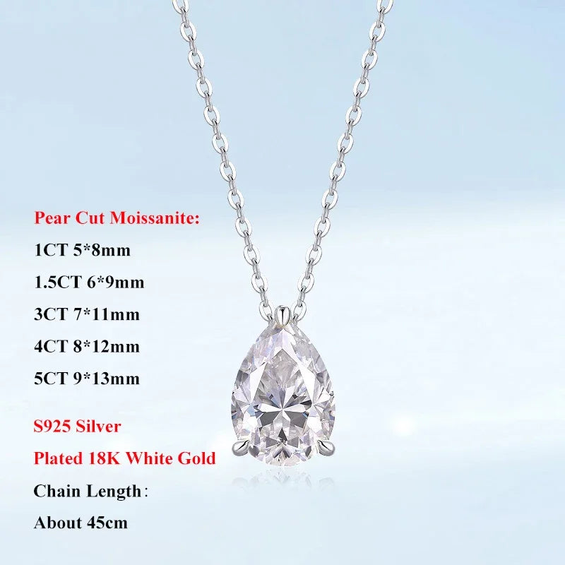 EWYA Solitaire Pear Cut Moissanite Diamond Pendant Necklace 1-5CT D Color 925 Silver 18K Rose Gold Chain for Women