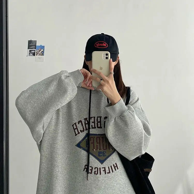 Plus Size Women’s Fleece-Lined Hoodie Dress – Lazy Sleeve Loose A-Line Skirt with Lettering | Autumn & Winter